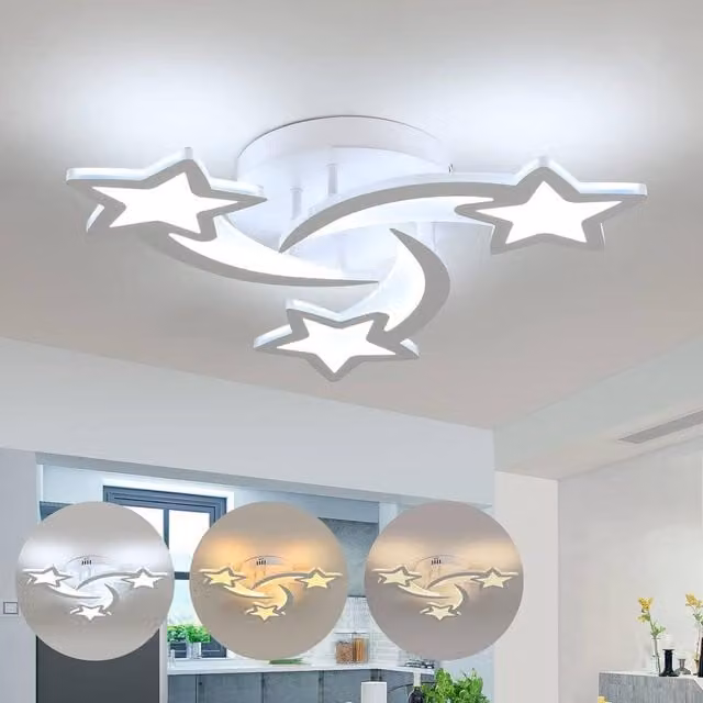 COMELY 3 Star LED Ceiling Light, 28W White Modern Star Design for Bedrooms and Childrens Rooms
