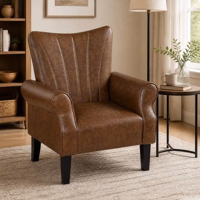 STILVORA Classic Lounge Armchair with Solid Wood Frame and Brown Synthetic Leather