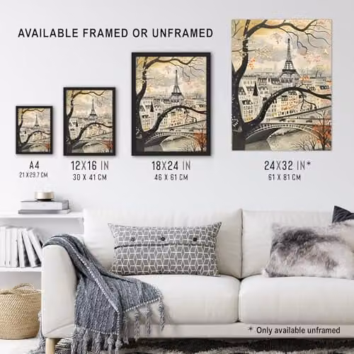 Artery8 Vintage Autumn in Paris Cityscape Eiffel Tower Unframed Paper Wall Art Poster, Multicolour – 3