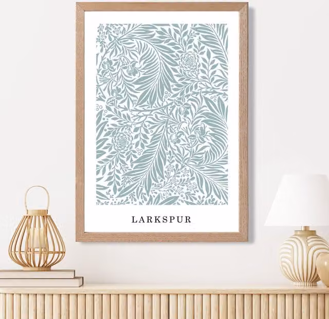 ARTZE Vintage William Morris Larkspur Floral Art Print in Mint and White with Oak Wood Frame, A4