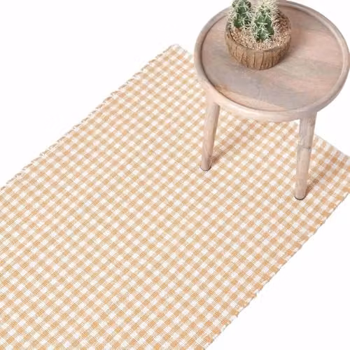 Homescapes Handwoven Cotton Gingham Check Hall Runner in Beige and White, W: 66 cm, L: 200 cm