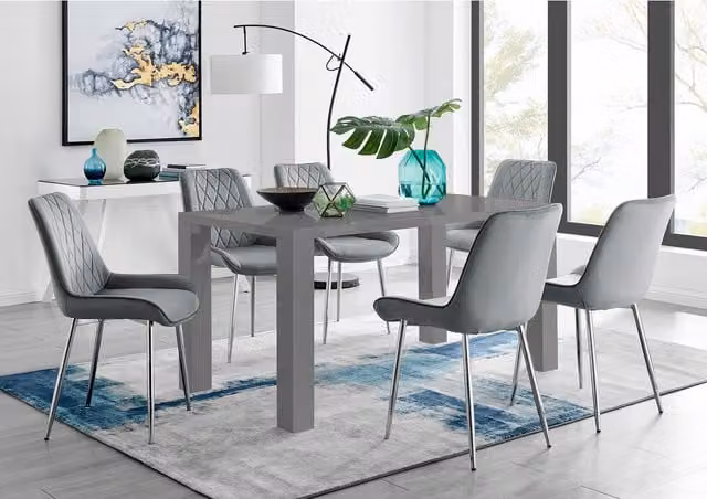 FurnitureboxUK Pivero Grey Rectangular Dining Table with 6 Pesaro Silver Leg Chairs