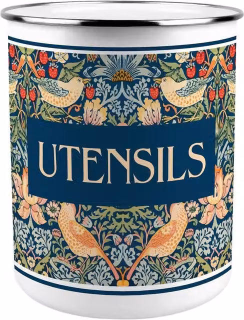 Purely Home Strawberry Thief Blue Ceramic Round Freestanding Kitchen Utensil Holder