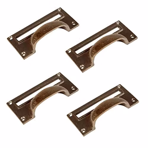 Hammer and Tongs Brass Filing Cabinet Drawer Handles with Card Frames, Pack of 4, W100mm x H50mm