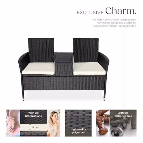 tectake Outdoor Bench with Integrated Table and Cushions in Black and Beige, W/D/H: 133 x 63 x 84 cm – 3