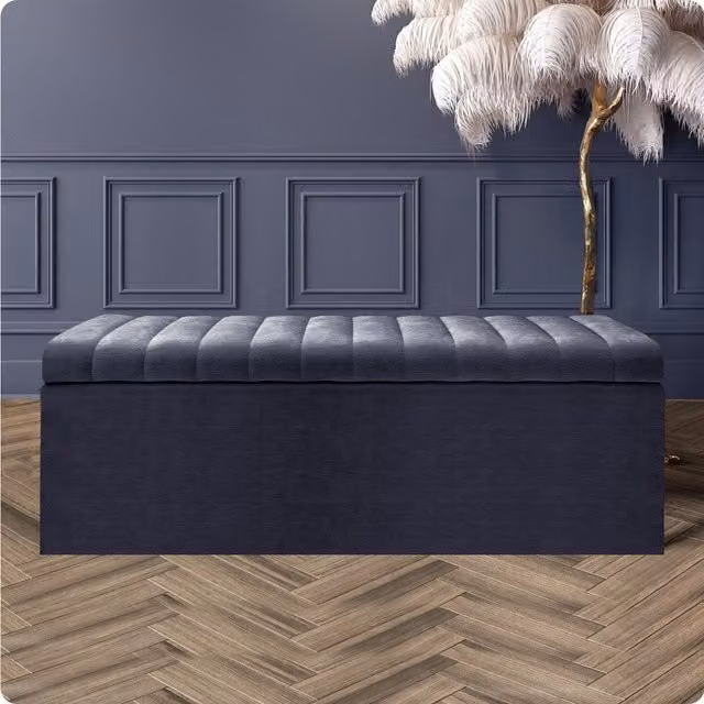 R&M Furnishers Safar Naples Ottoman Storage Box, Charcoal Striped Velvet Upholstered Blanket Chest and End of Bed Bench