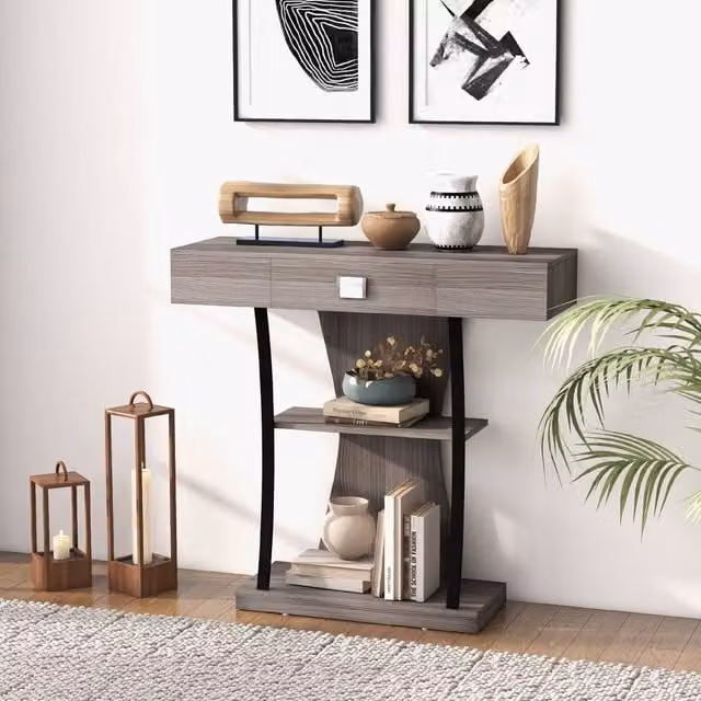 CASART Modern Grey Console Table with Drawer for Living Room or Hallway