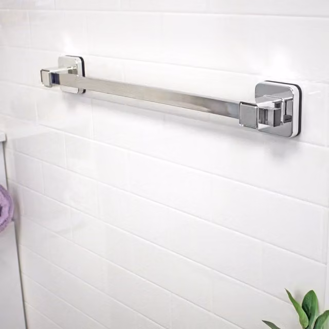 Showerdrape Pushloc Chrome Steel Suction Wall Mounted Towel Rail in Silver, Width: 54 cm