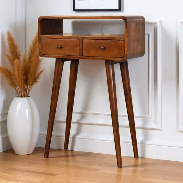 Aosom UK Solid Mango Wood Mini Console Table with 2 Drawers and Open Slot, Brown, W/D/H: 60 x 30 x 90 cm