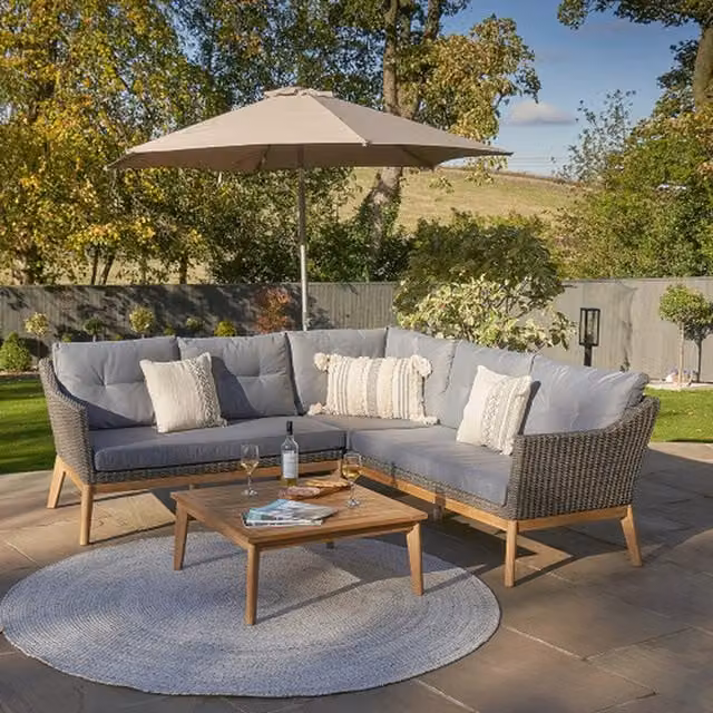 Pacific Lifestyle 5 Seater Outdoor Corner Sofa Set with Table in Grey Anthracite Rattan and Acacia Wood