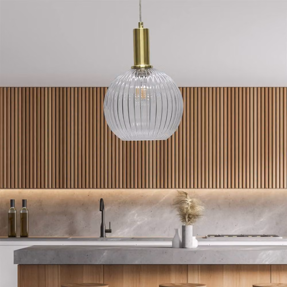 First Choice Lighting Betchley Set of 2 Deco Pendant Lights with Clear Ribbed Glass Globes and Satin Brass Finish – 2