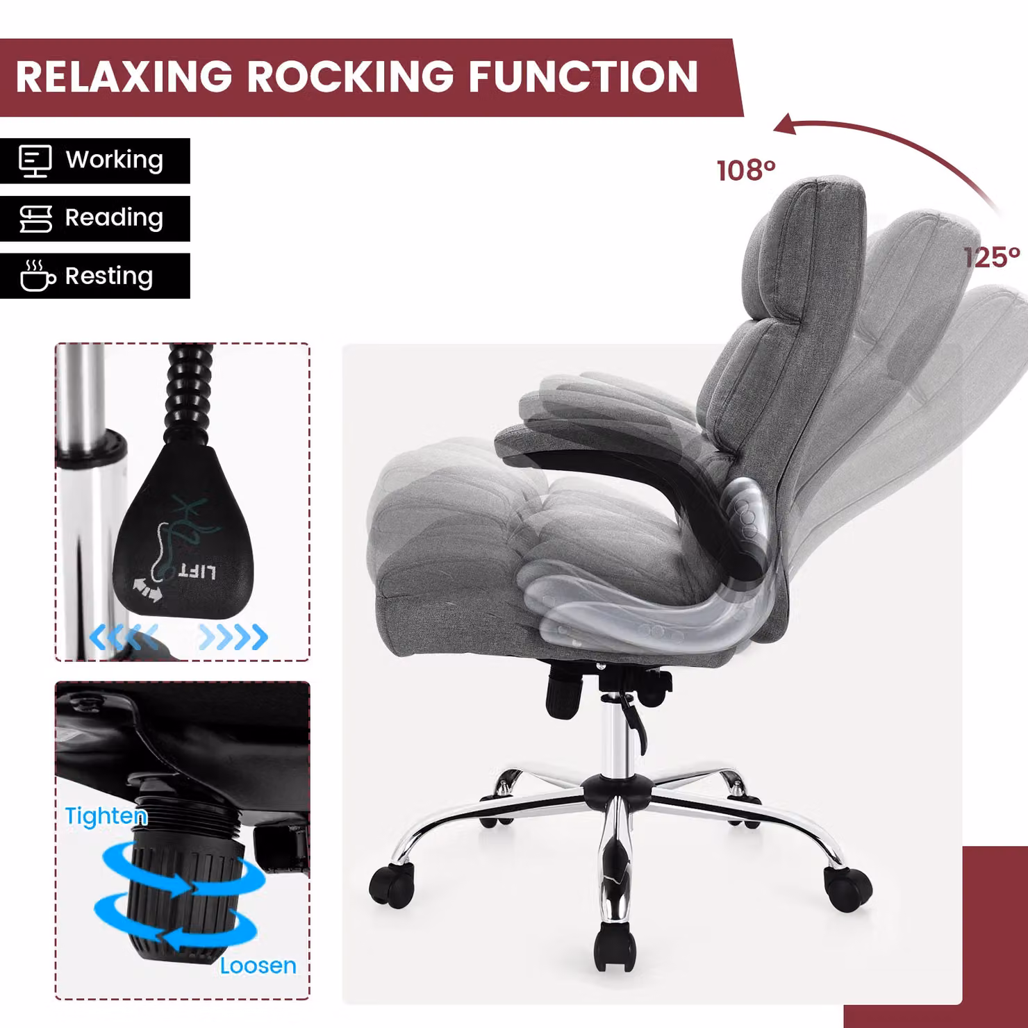 Costway Executive Ergonomic Office Chair in Grey with High Back, Swivel Function and Armrests – 5