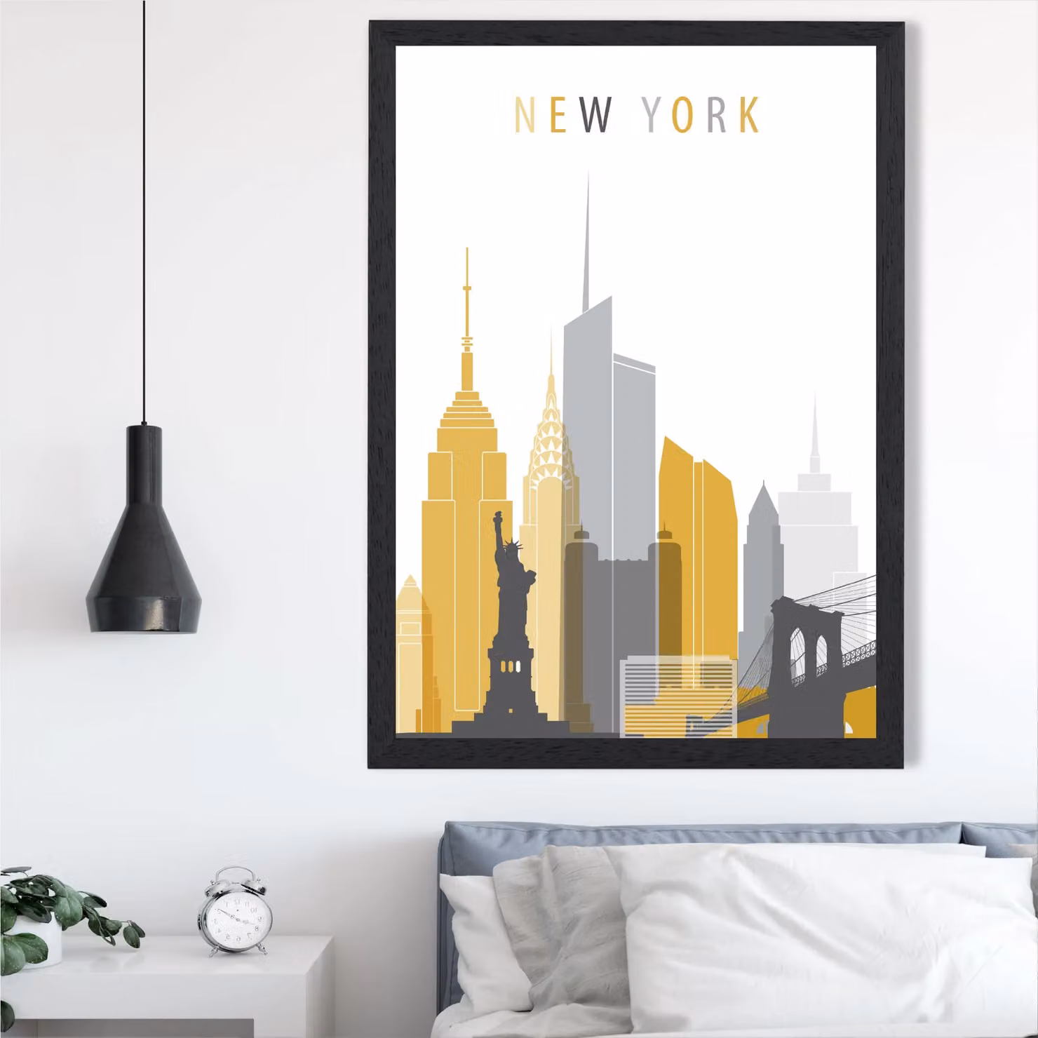 ARTZE New York City Skyline Framed Print in Yellow and Grey with Black Frame, Size: A3 – 2