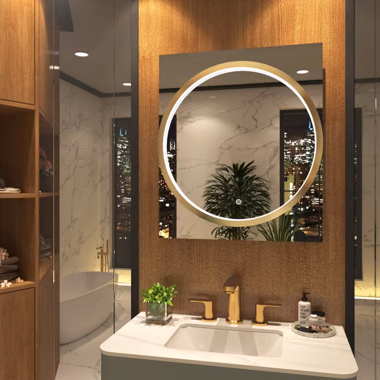 Royal Bathrooms Monaco Round LED Illuminated Framed Mirror in Gold with Demister Pad and Touch Sensor, W: 60 cm, H: 70 cm