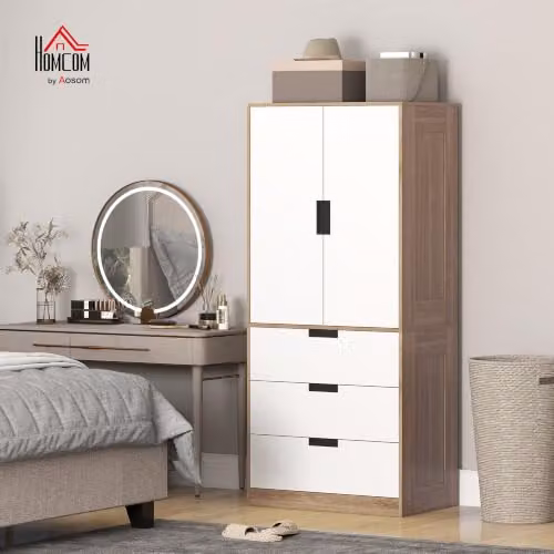 HOMCOM Modern 2 Door Wardrobe with 3 Internal Drawers and Hanging Rail, Brown and White, W/D/H: 80 x 50 x 180 cm – 2