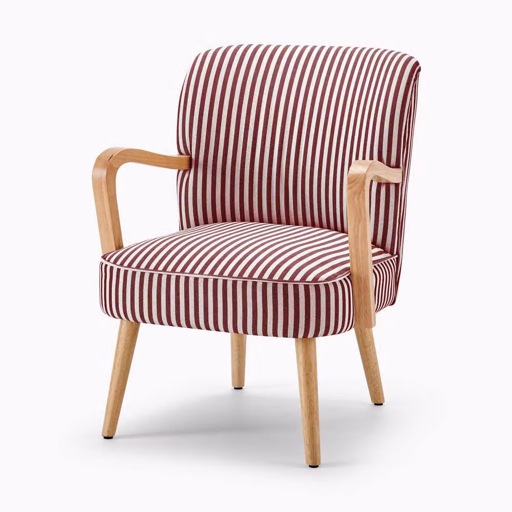 FurnitureboxUK Sylvie Mid-Century Accent Chair in Raspberry Pink Striped Fabric with Oak Effect Rubberwood Legs – 2