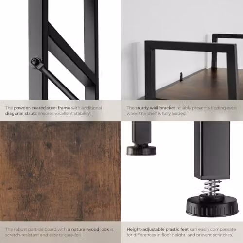 tectake 4-Tier Industrial Ladder Shelf with Steel Frame and Wood-Look Shelves in Dark Wood and Black, H 150.0 x W 61.5 x D 36.5 cm – 5