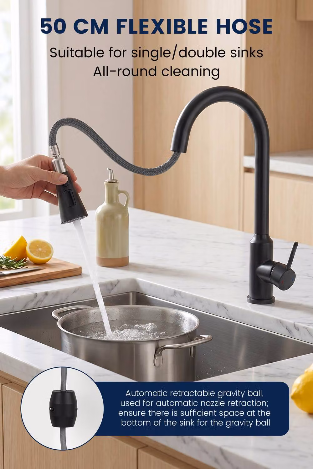 JANLEMNY Matte Black Pull Out Kitchen Mixer Tap with 3 Spray Modes – 4