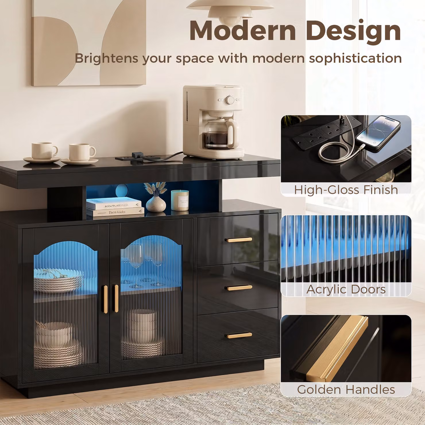 HOMCOM Modern High Gloss Black Sideboard with Integrated LED Lighting, Built-in Power Outlets, 3 Drawers, Shelves and 2 Acrylic Doors – 5