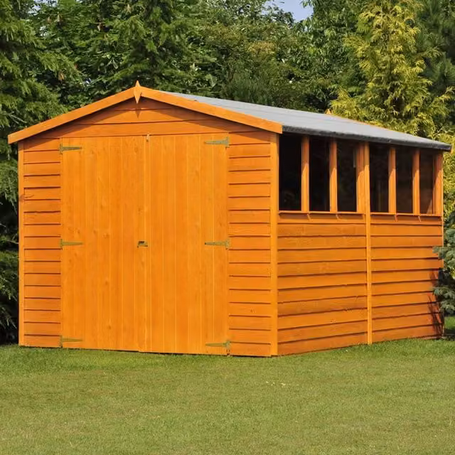 Shires Brown Dip Treated Overlap Apex Wooden Shed with Double Doors and Windows, W: 305 cm, D: 244 cm