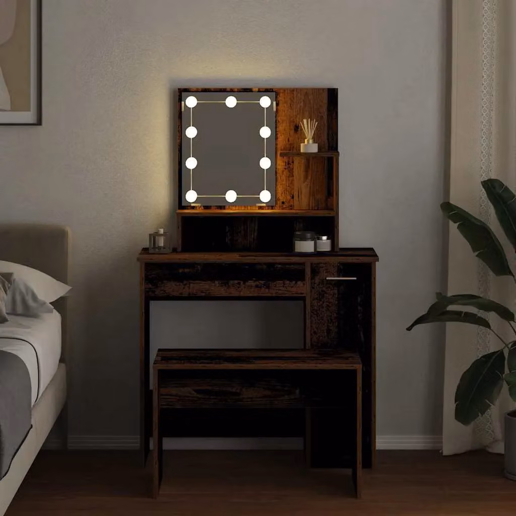 Berkfield Home Hollywood LED Dressing Table Set in Brown Rustic Engineered Wood – 4