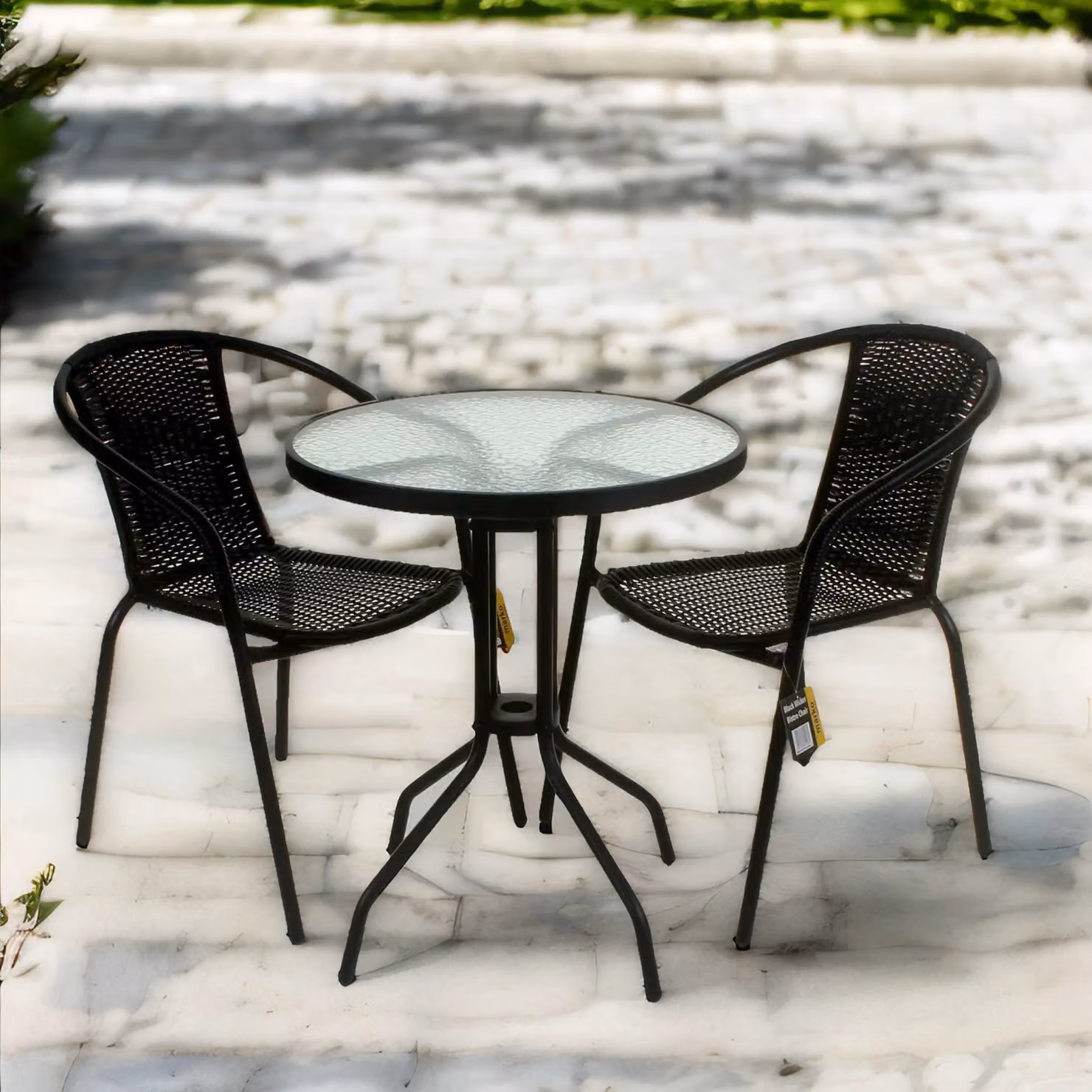 FURNOS Set of 3 Black Wicker Bistro Table and Chairs with Metal and Glass Details – 2