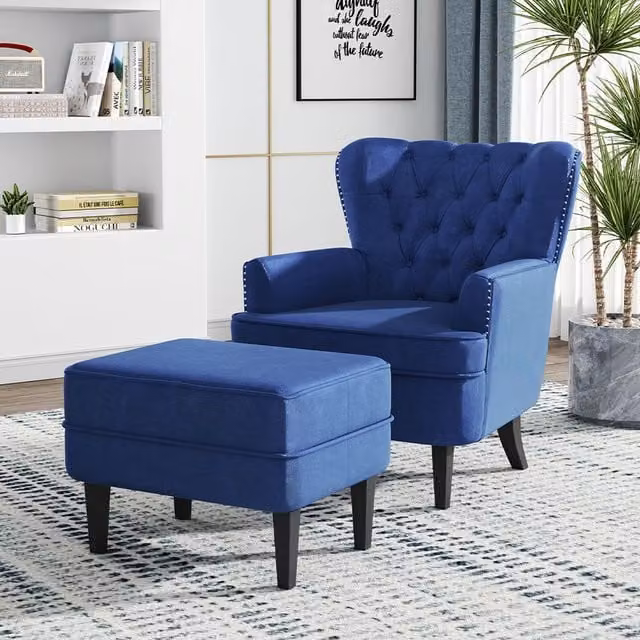 Livingandhome Blue Velvet Armchair with Ottoman and Armrests