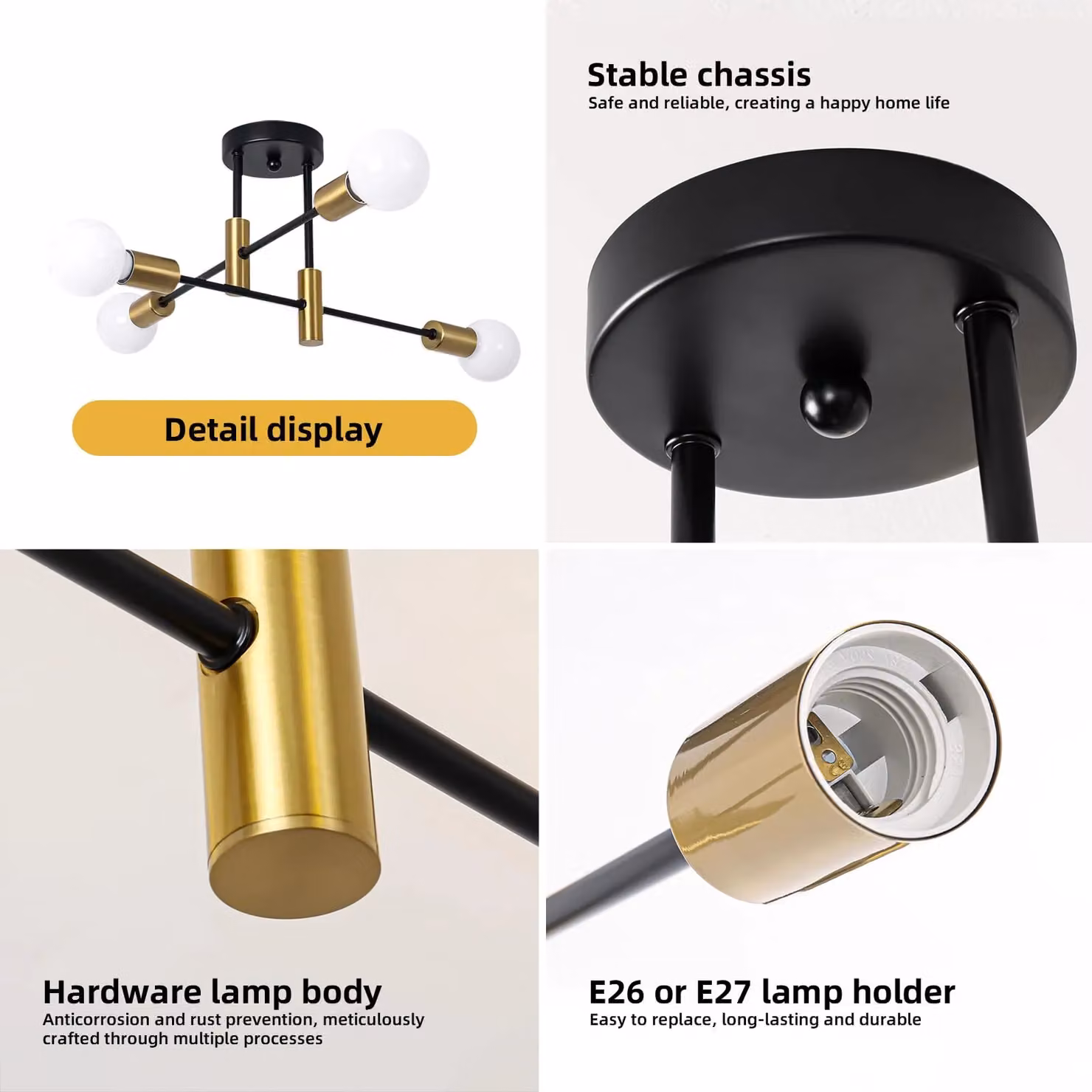 Garwarm 4-Light Mid Century Semi Flush Mount Ceiling Light in Black or Gold/Brass – 2