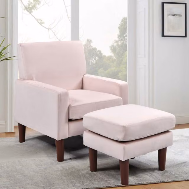 Comfy Living Modern Pink Plush Velvet Lounge Chair with Ottoman