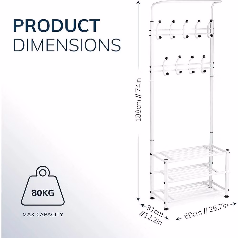 VOGREX White Modern Hallway Clothes Stand with 18 Hooks and 2 Shoe Shelves – 2