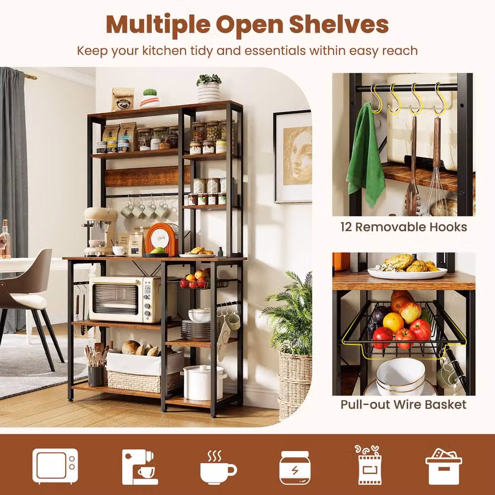 Gymax 9-Tier Metal Frame Bakers Rack and Microwave Stand with Power Outlet in Brown – 6