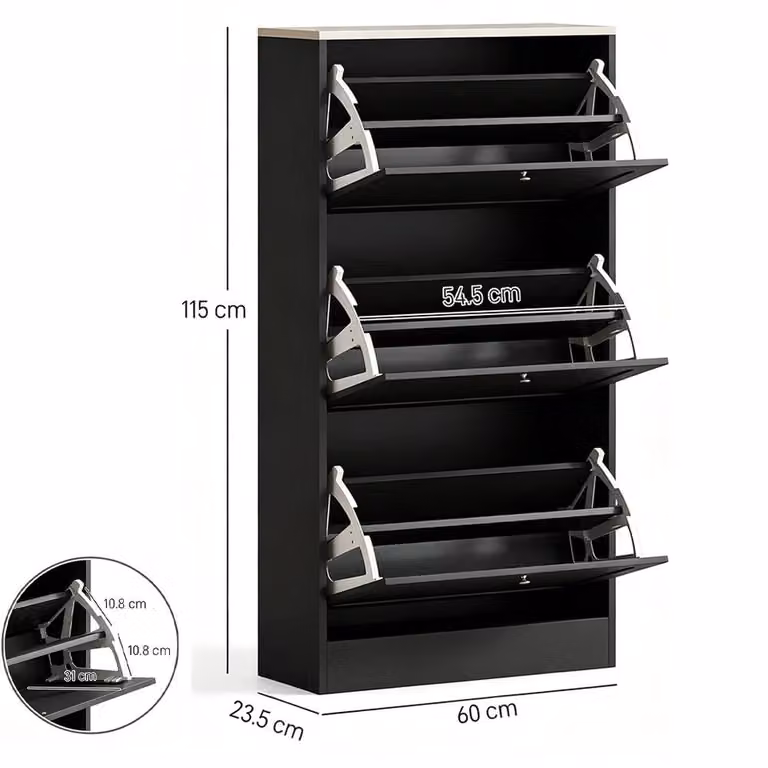 ERGOVEXA Modern Black 3-Drawer Shoe Storage Cabinet with Tilting Compartments, W/D/H: 60.0 x 23.5 x 115.0 cm