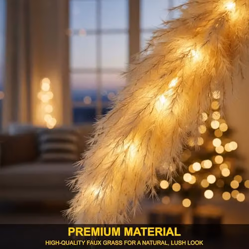 Shatchi Prelit Pampas Grass Hanging Decoration with Warm White LEDs in Beige, 110 cm – 2