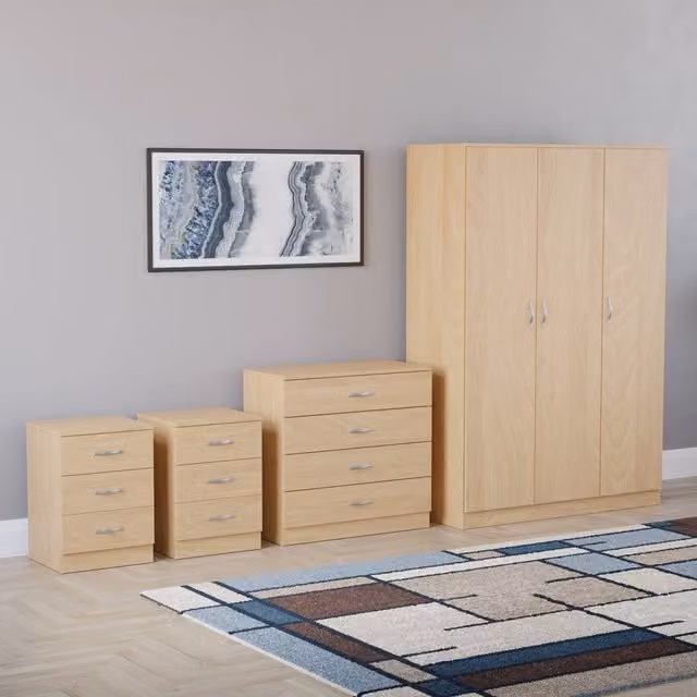 HD Designs 4 Piece Modern Brown Bedroom Set with 3 Drawer Wardrobe, 4 Drawer Chest and 2x3 Drawer Bedside Tables