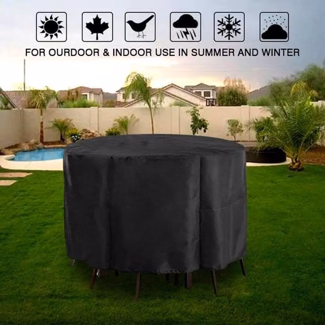EONLION Waterproof Round Outdoor Garden Furniture Cover in Black, Diameter: 185 cm – 1