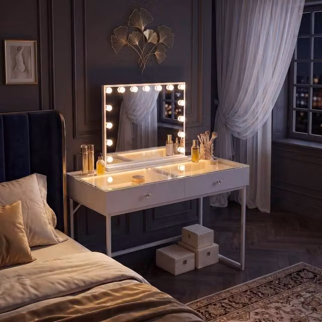 FENCHILIN Modern White 2-Drawer Dressing Table with 15 LED Hollywood Mirror – 1