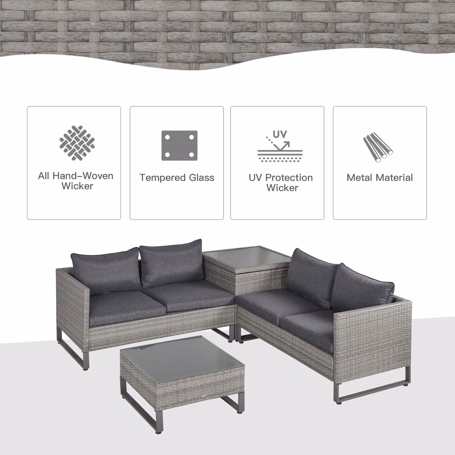 Outsunny 4-Seater L-Shape Rattan Garden Furniture Set with Coffee Table and Matching Ottoman in Grey – 5