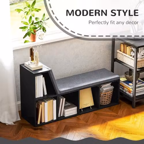 HOMCOM Modern Geometric Black Bookcase Storage Shelf with Cushioned Reading Seat, W/D/H: 108 x 30 x 60 cm – 4
