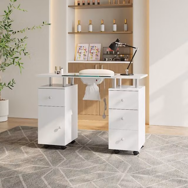 Komore Modern White Glossy Manicure Table with Glass Top and Built-in Dust Collector