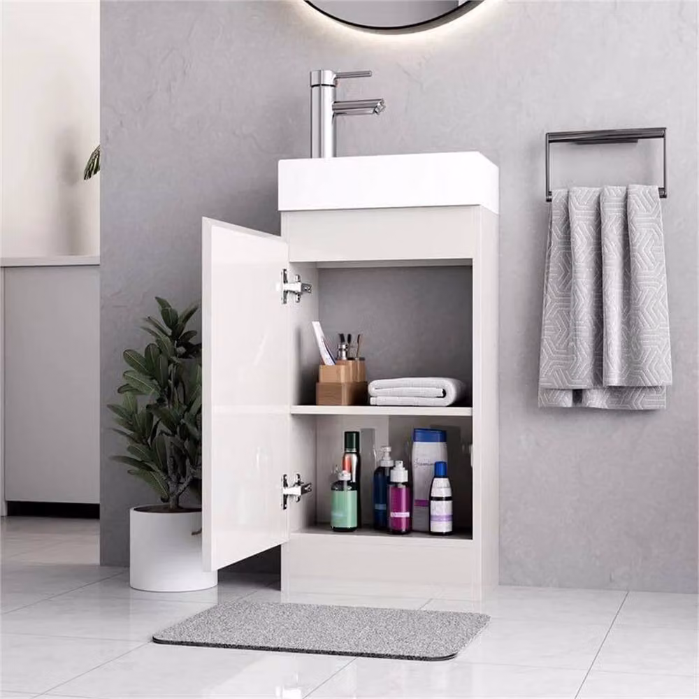 FORGEVIO Denvor White Glossy Freestanding Bathroom Vanity Unit with LED Lighting and Internal Shelves – 2