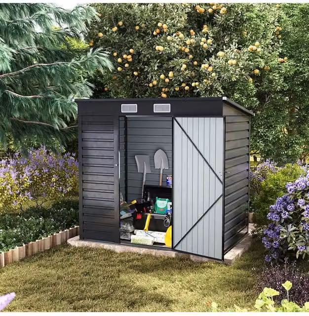 Living and Home Pent Outdoor Storage Shed in Black Galvanised Steel, W/D/H: 191.2 x 130.2 x 183.5 cm – 1