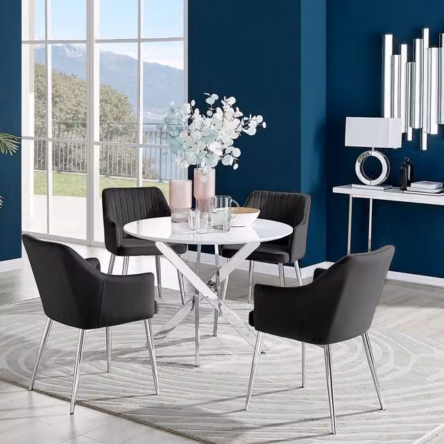 FurnitureboxUK Novara White High Gloss Round Dining Table with 4 Black Calla Silver Leg Chairs