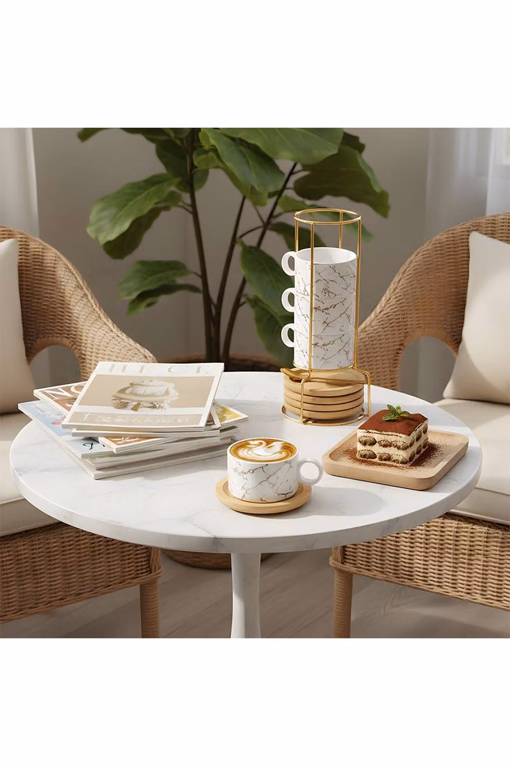 Living and Home 5 Piece Ceramic Coffee Cup and Saucer Set with Spoons and Metal Stand in White – 2