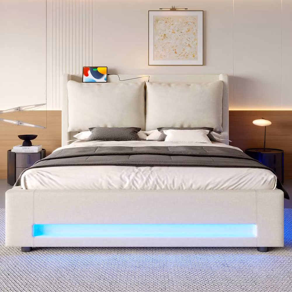 Matteo Modern Upholstered Super King Bed in Beige with Lift-Up Storage, LED Lighting, USB Charging Port and Bedside Shelf, W/D/H: 200 x 181 x 114 cm – 3