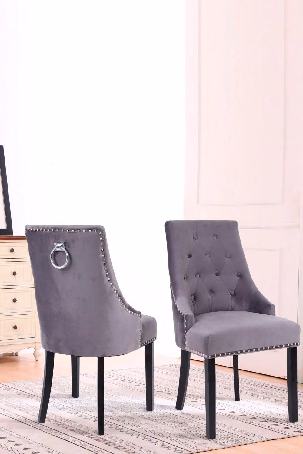 Neo Set of Two Studded Velvet Dining Chairs in Dark Grey – 2