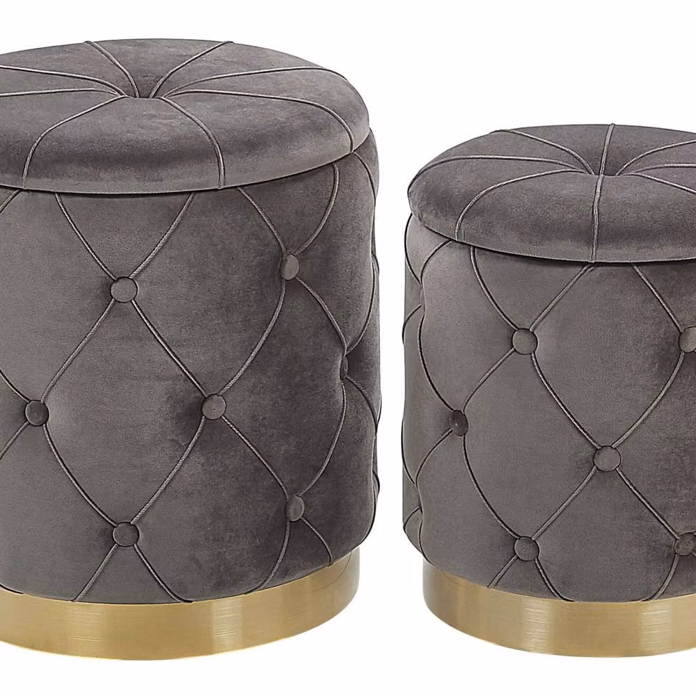 Wyld and Coco Grey Velvet Cylindrical Storage Pouffes with Gold Metal Base – 2