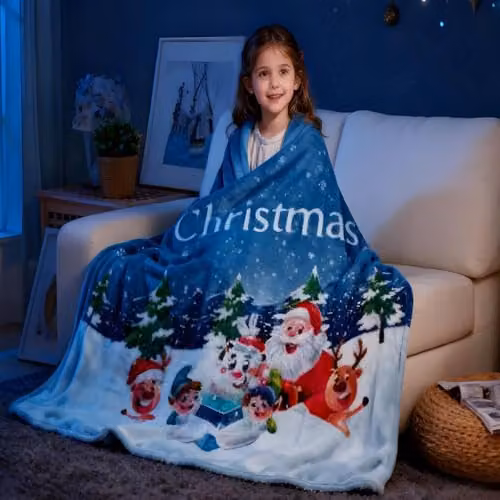 Gr8 Home Blue Santa Design Christmas Fleece Throw Blanket, W: 130 cm, H: 150 cm