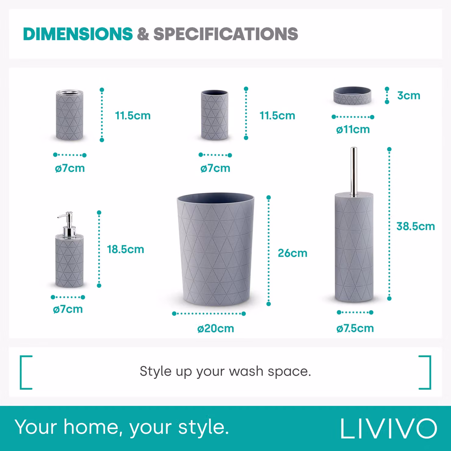 LIVIVO 6-Piece Modern Grey Bathroom Accessory Set including Tumbler, Toothbrush Holder, Soap Dispenser, Soap Dish and Toilet Brush Holder – 2