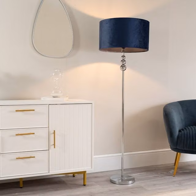 ValueLights Marissa Chrome Stacked Floor Lamp with Blue Velvet Drum Shade and Bulb