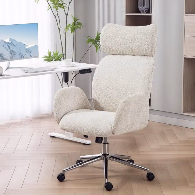 HOMCOM Modern Bouclé Swivel Task Chair with Adjustable Headrest and Armrests in Grey and White
